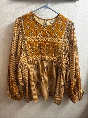 Boutique Mahila Mustard Floral Patchwork Peasant Blouse